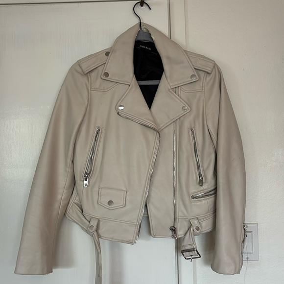 White Leather Moto Jacket with Asymmetrical Zipper - Picture 1 of 3